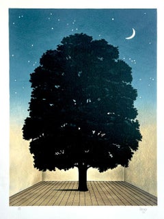 SONG OF PRAISE, lithographie dessinée à la main, portrait d'arbre, ciel de nuit, croissant de lune