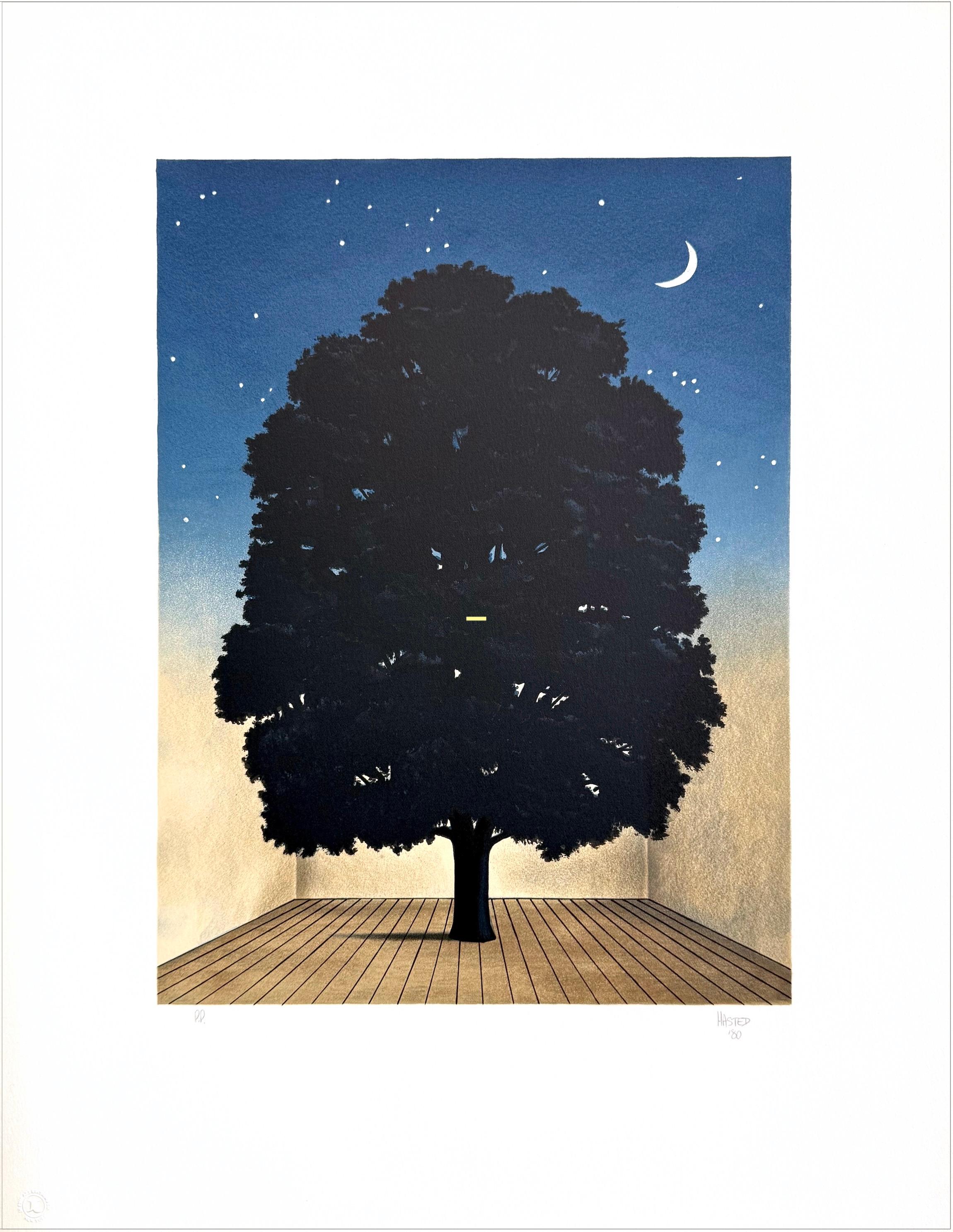 CÁNTICO DE ALABANZA Litografía dibujada a mano, retrato de árbol, cielo nocturno, luna creciente