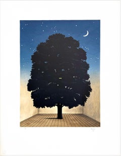 CÁNTICO DE ALABANZA Litografía dibujada a mano, retrato de árbol, cielo nocturno, luna creciente