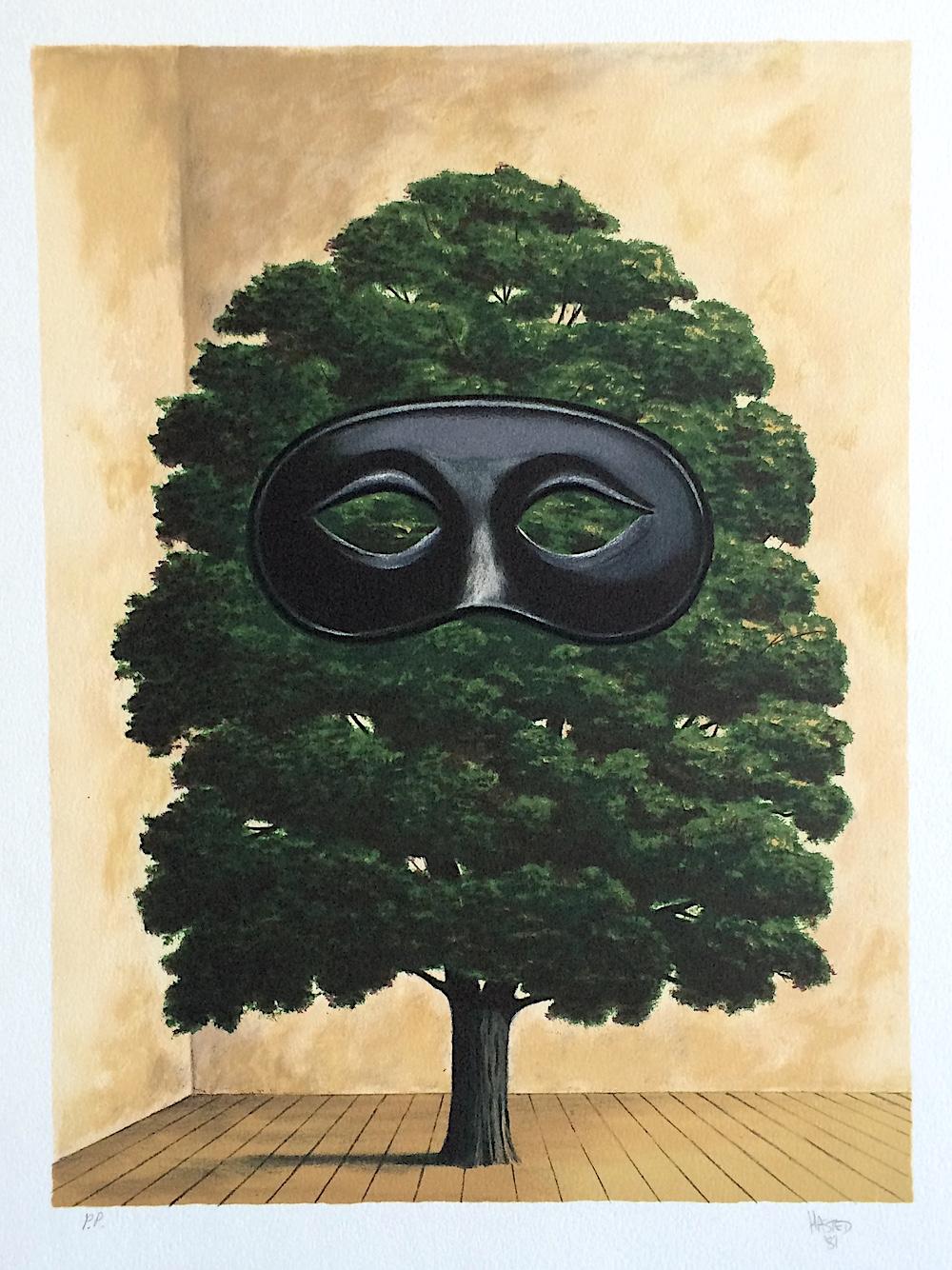 THE BIG PARADE Hand Drawn Lithograph, Surrealist Interior Scene, Tree w Mask,  - Print by Michael Hasted