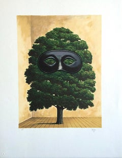 THE BIG PARADE Hand Drawn Lithograph, Surrealist Interior Scene, Tree w Mask, 