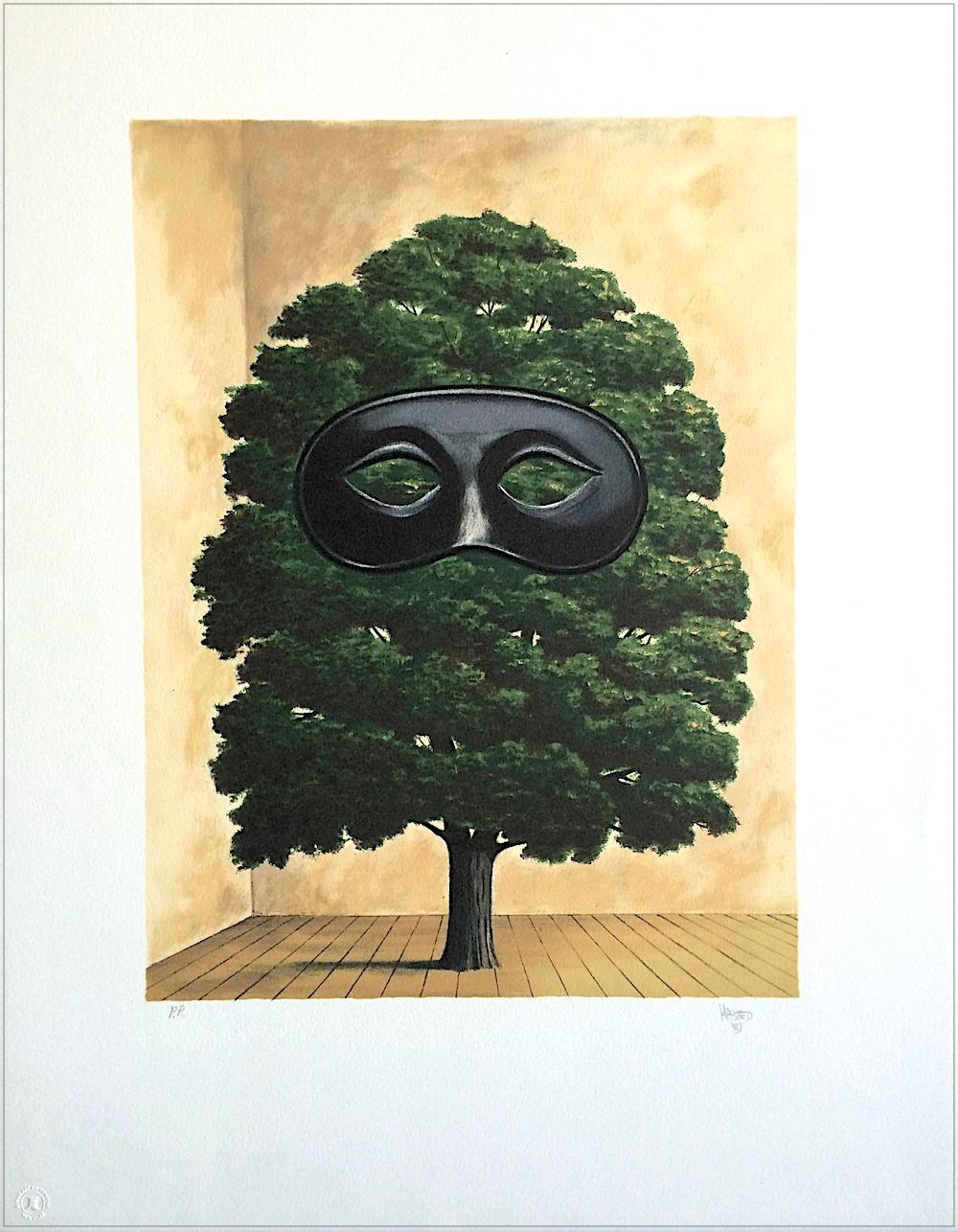 Portrait Print Michael Hasted - THE BIG PARADE Lithographie dessinée à la main, arbre surréaliste, masque noir