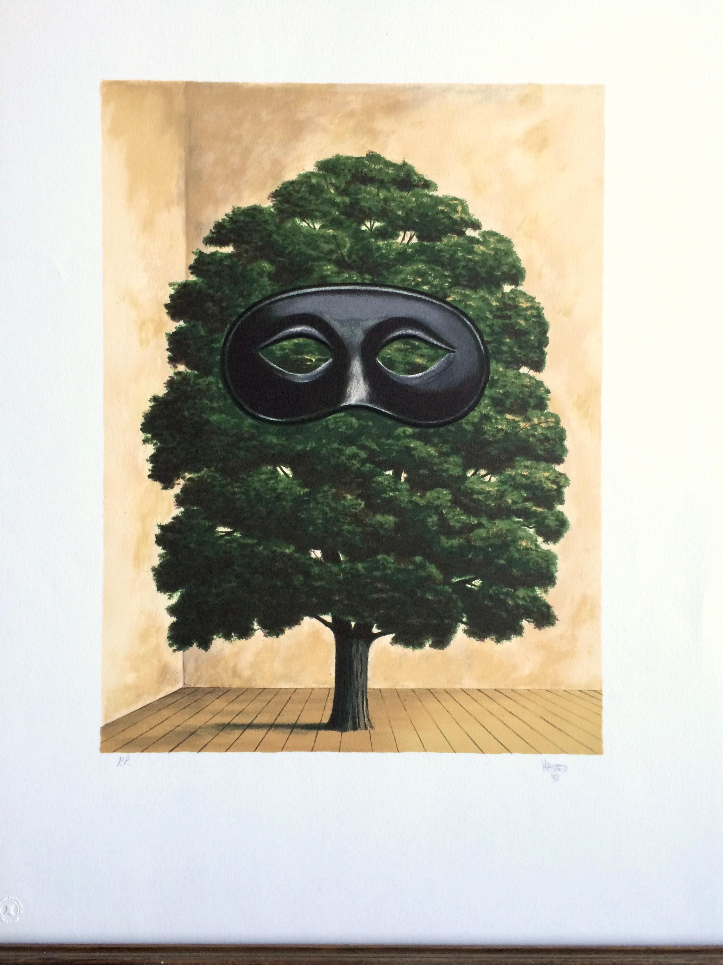 THE BIG PARADE Hand Drawn Lithograph, Surrealist Tree, Black Mask For Sale 1