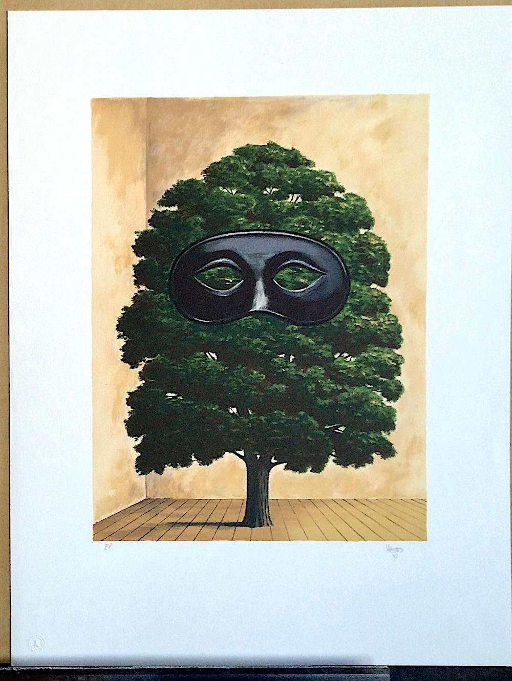 THE BIG PARADE Hand Drawn Lithograph, Surrealist Tree, Black Mask For Sale 4