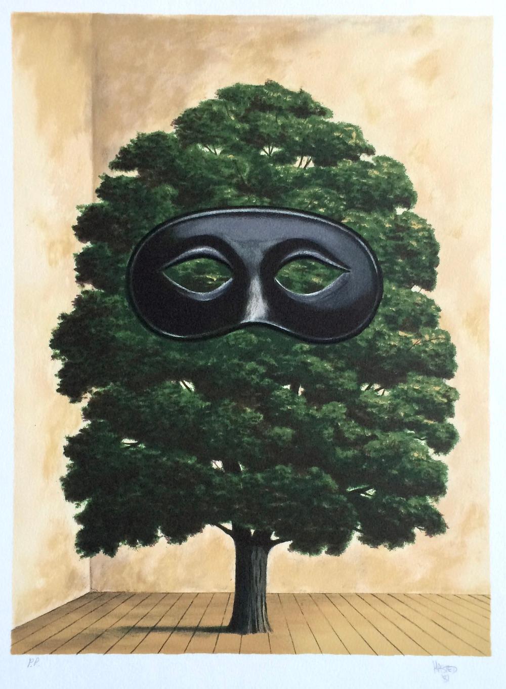 THE BIG PARADE Hand Drawn Lithograph, Surrealist Tree, Black Mask - Print by Michael Hasted