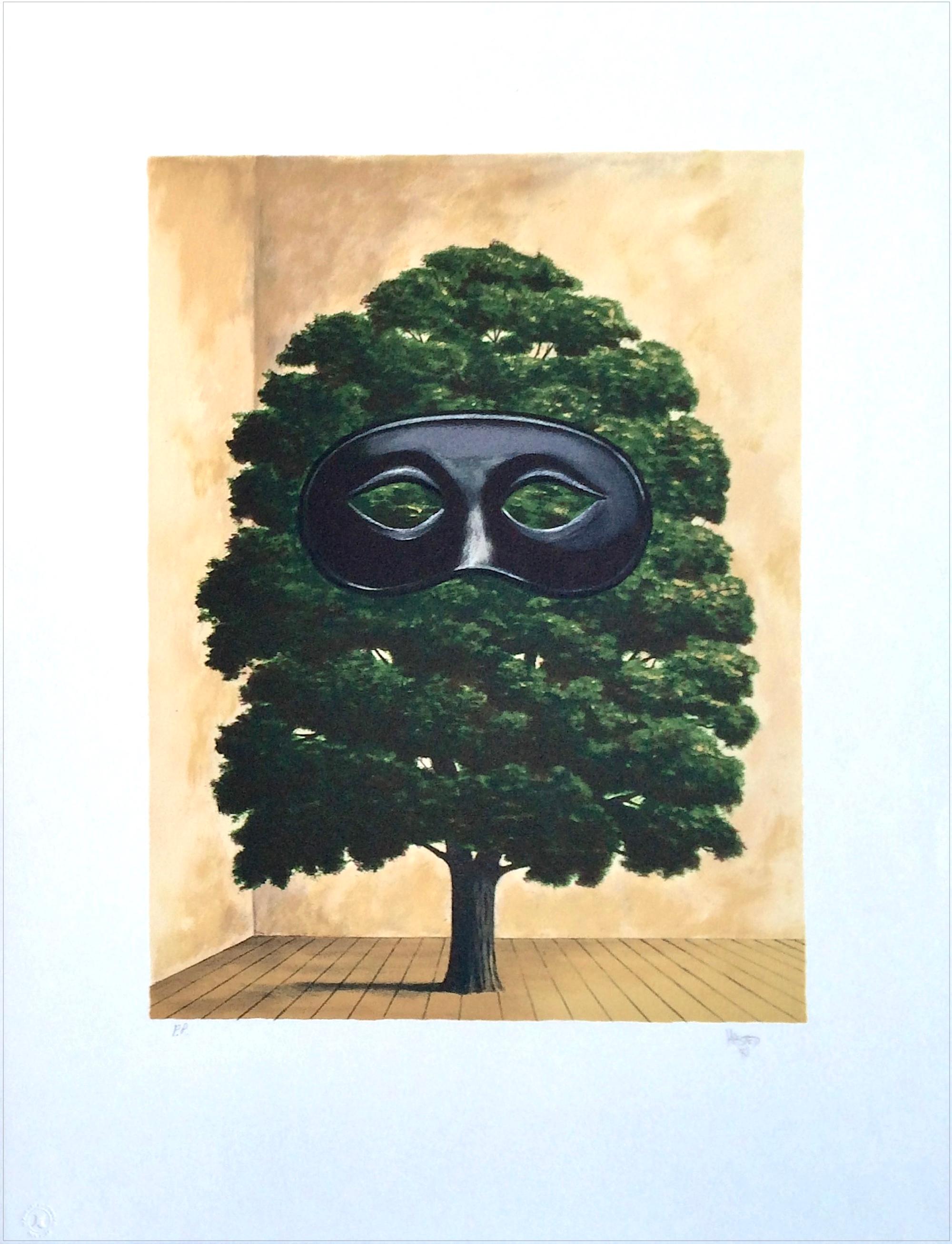 THE BIG PARADE Hand Drawn Lithograph, Surrealist Tree, Black Mask