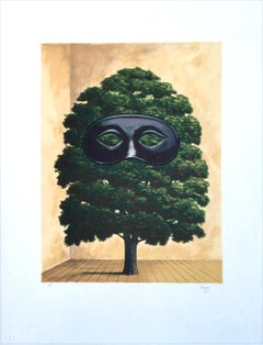 THE BIG PARADE Hand Drawn Lithograph, Surrealist Tree, Black Mask