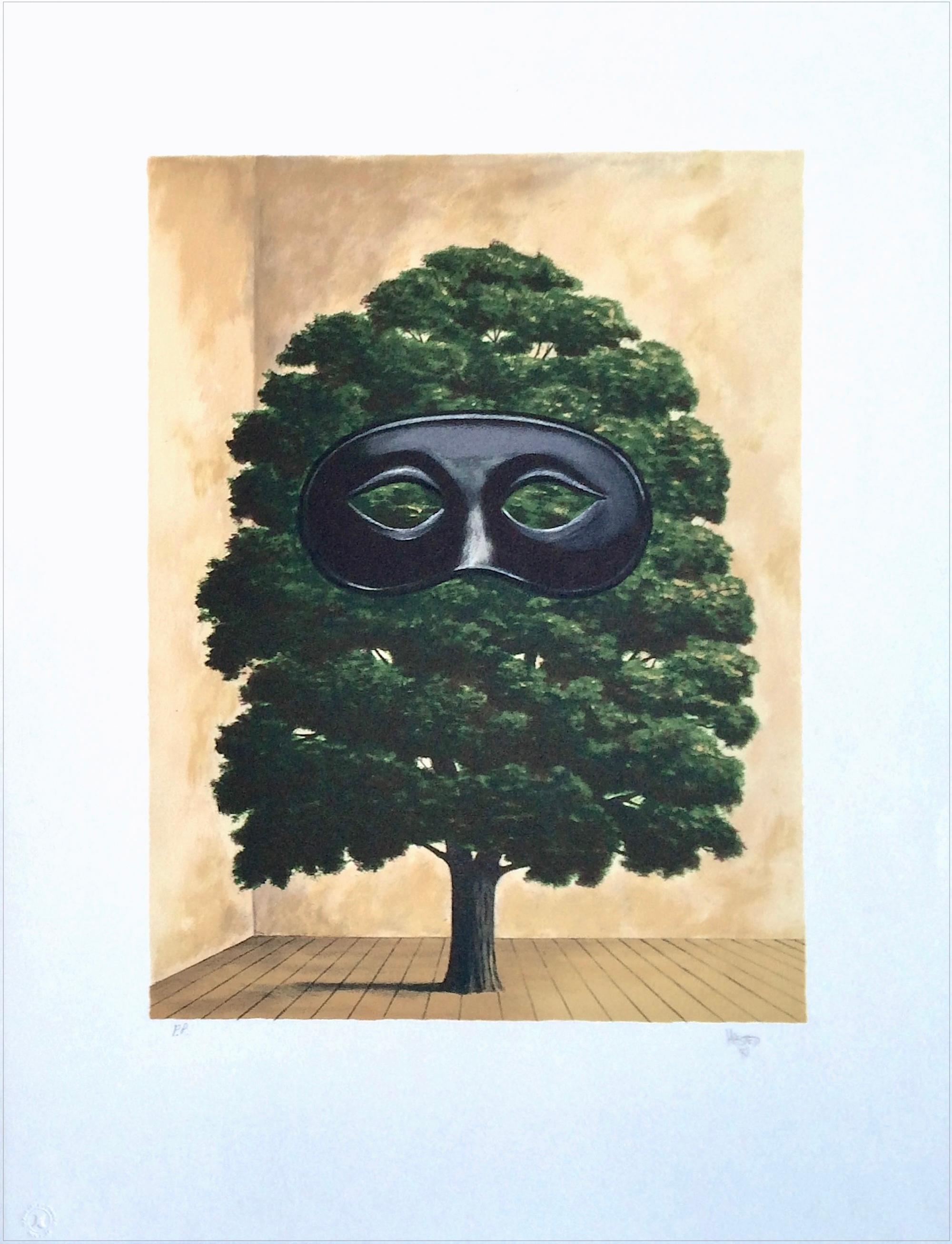 THE BIG PARADE Hand Drawn Lithograph, Surrealist Tree, Black Mask