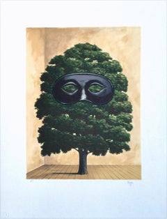 Michael Hasted - THE BIG PARADE Hand Drawn Lithograph, Surrealist Tree, Black Mask THE BIG PARADE Hand Drawn Lithograph, Surrealist Tree, Black Mask