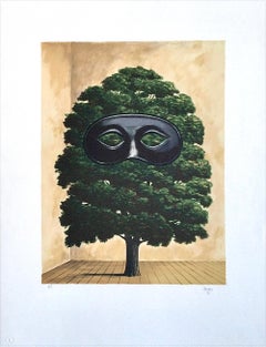 THE BIG PARADE Hand Drawn Lithograph, Surrealist Tree, Black Mask