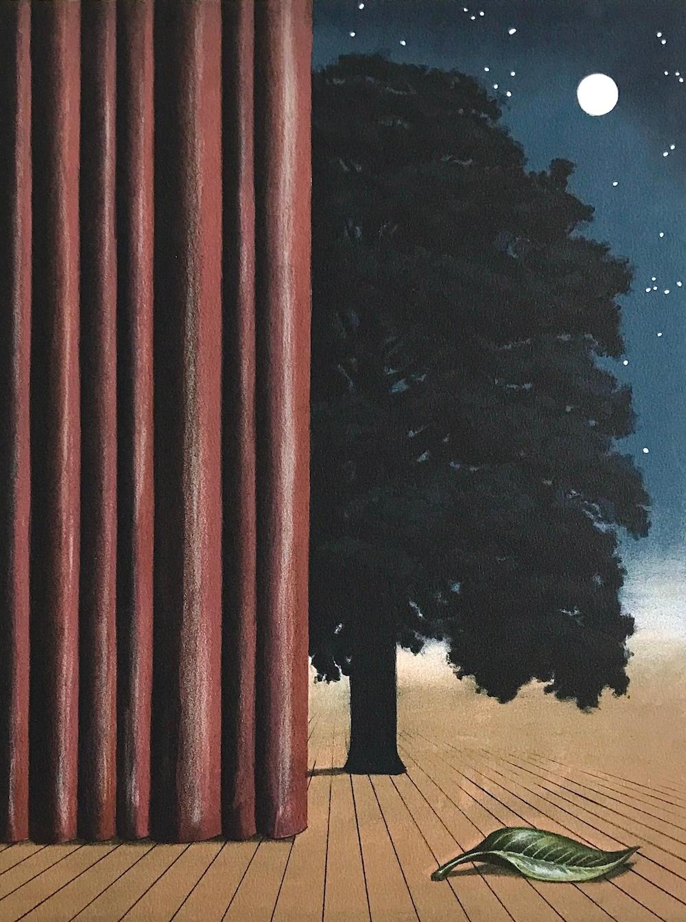 LA ATRACCIÓN PRINCIPAL Litografía dibujada a mano, Surrealista, Luna, Árbol en escena - Interior Print Negro de Michael Hasted
