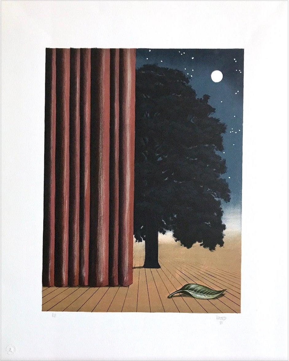 LA ATRACCIÓN PRINCIPAL Litografía dibujada a mano, Surrealista, Luna, Árbol en escena en venta 2