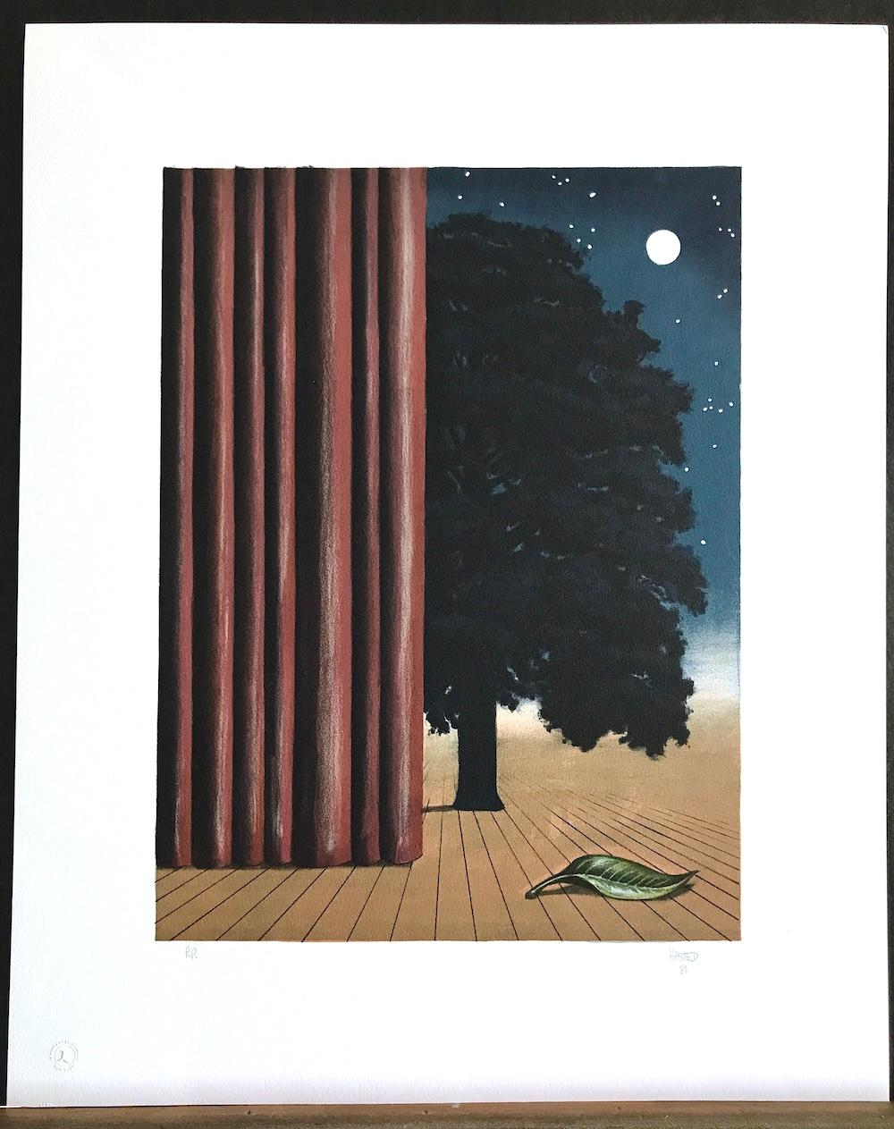 LA ATRACCIÓN PRINCIPAL Litografía dibujada a mano, Surrealista, Luna, Árbol en escena en venta 6