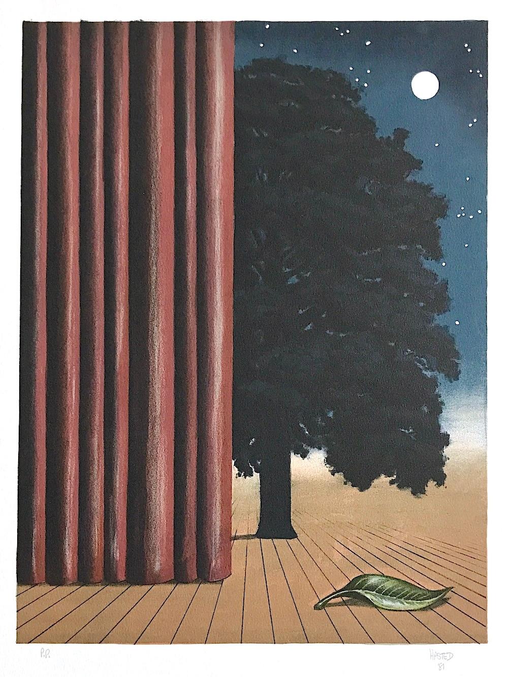 LA ATRACCIÓN PRINCIPAL Litografía dibujada a mano, Surrealista, Luna, Árbol en escena - Print de Michael Hasted
