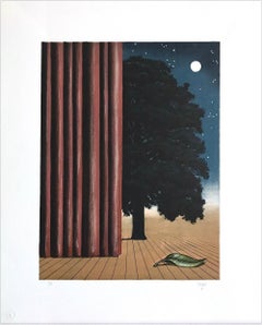 LA ATRACCIÓN PRINCIPAL Litografía dibujada a mano, Surrealista, Luna, Árbol en escena