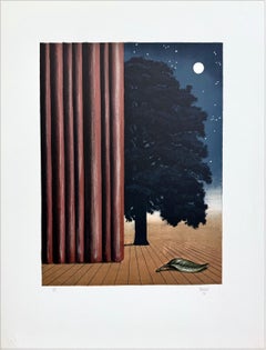 LA ATRACCIÓN PRINCIPAL Litografía dibujada a mano, Surrealista, Luna, Árbol en escena