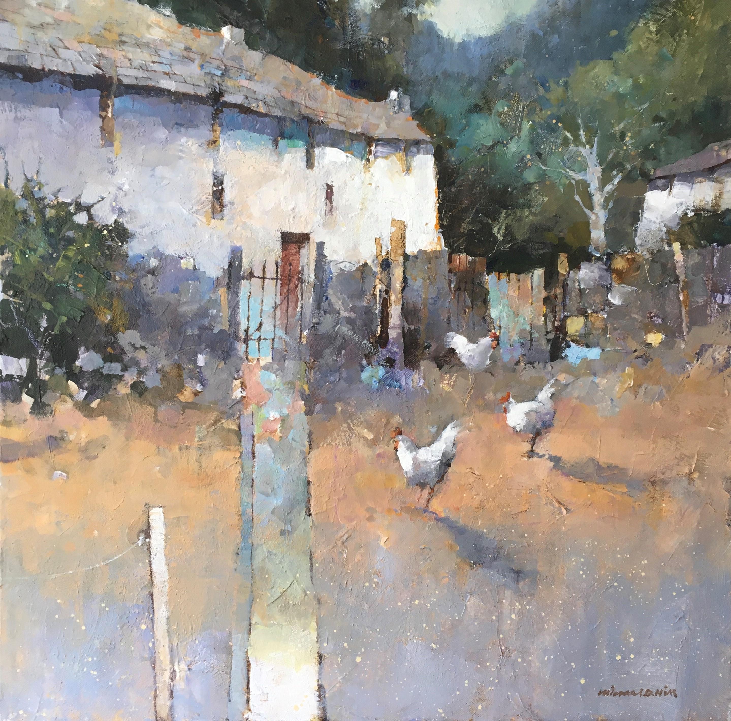 Farmhouse with Chickens- Animals, Painting, Nature, Countryside, farm, acrylic