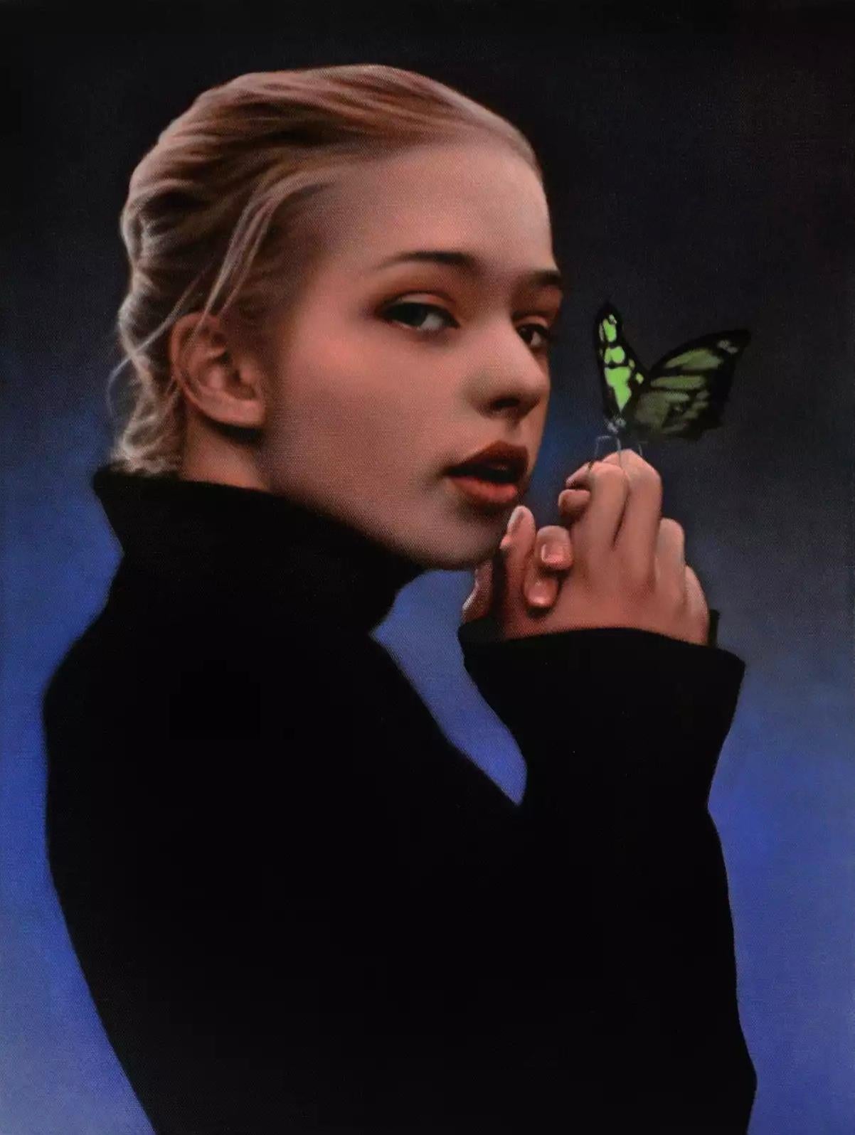 Dieses 24 x 17 Zoll große Ölgemälde auf Leinwand des britischen Künstlers Michael Hlousek-Nagle trägt den Titel "The Hidden Language". Das Werk zeigt das Porträt einer jungen Frau und einen Schmetterling. Es handelt sich um ein Porträt in halber