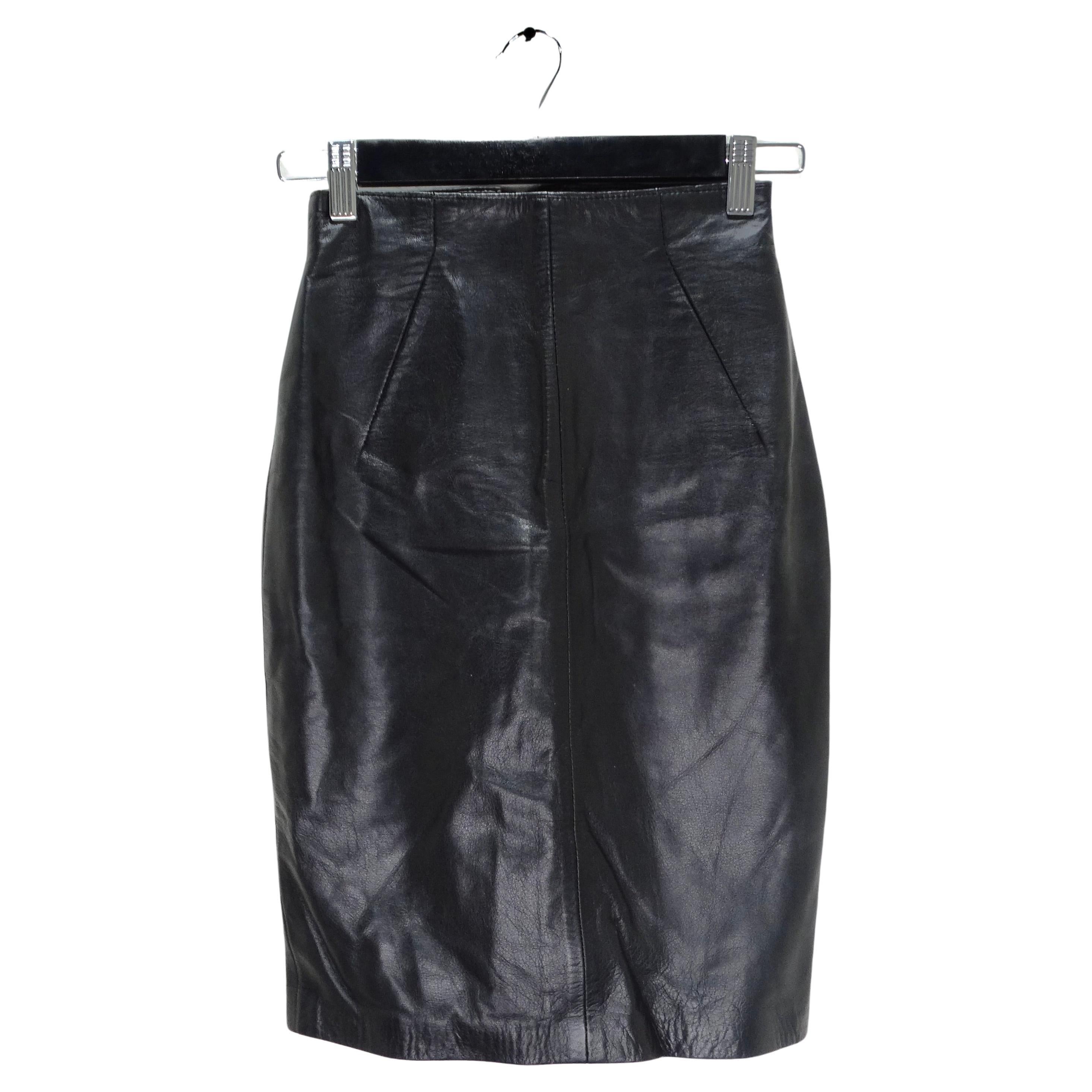 Michael Hoban 1980s Black Leather Pencil Skirt For Sale
