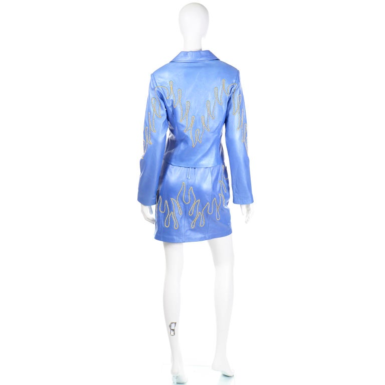 Michael Hoban Blue Leather Gold Stud Flame Dress & Jacket For Sale 6
