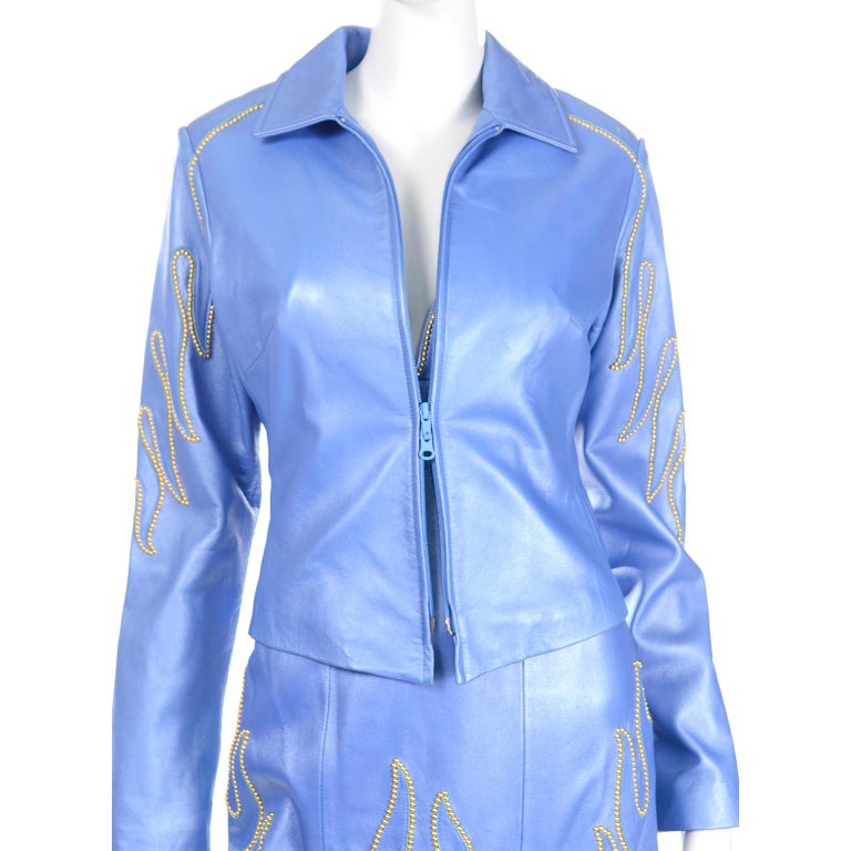 Michael Hoban Blue Leather Gold Stud Flame Dress & Jacket For Sale 7