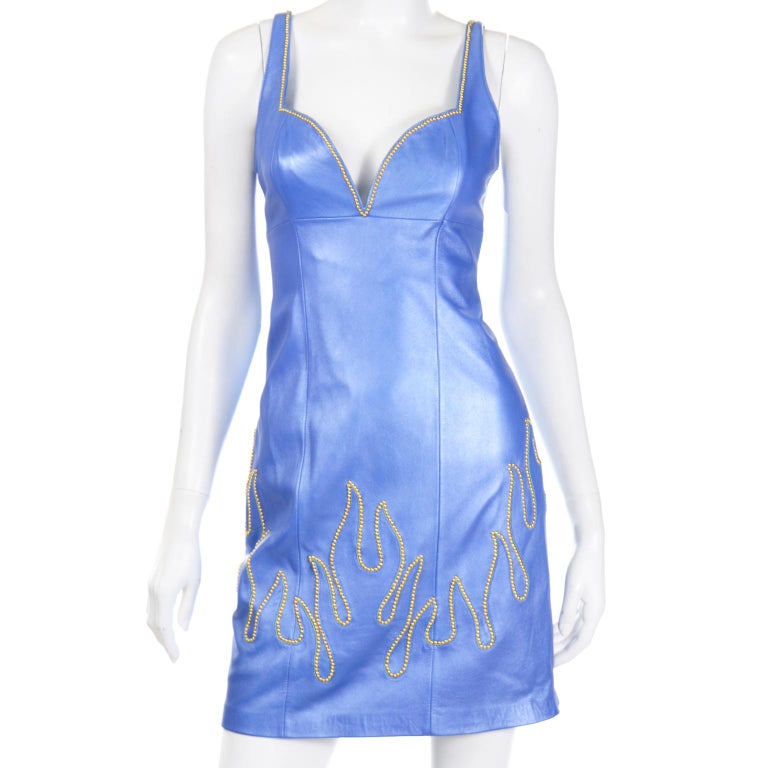 Women's Michael Hoban Blue Leather Gold Stud Flame Dress & Jacket For Sale