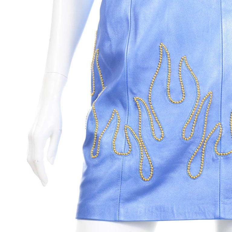 Michael Hoban Blue Leather Gold Stud Flame Dress & Jacket For Sale 1