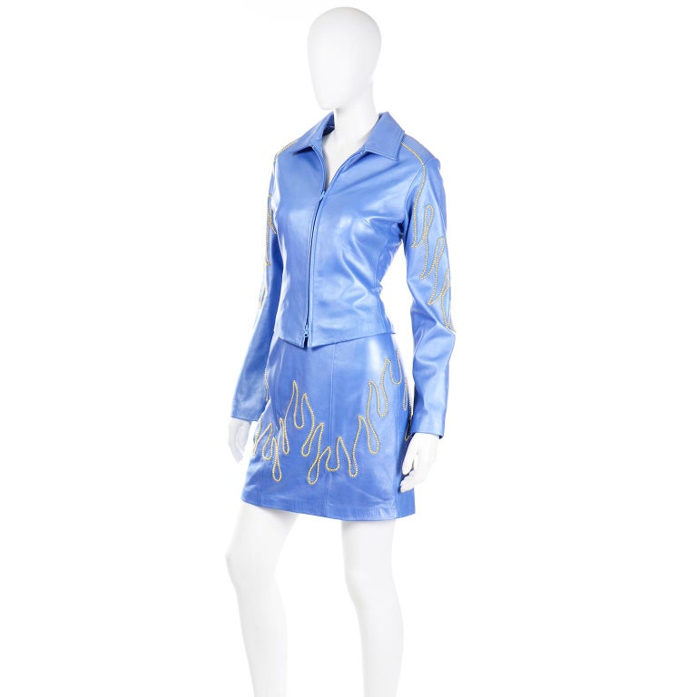 Michael Hoban Blue Leather Gold Stud Flame Dress & Jacket For Sale 4
