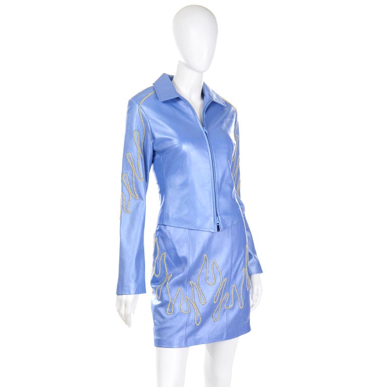Michael Hoban Blue Leather Gold Stud Flame Dress & Jacket For Sale 5