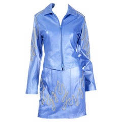 Michael Hoban Blaues Flammenkleid & Jacke aus Leder mit goldenen Nieten
