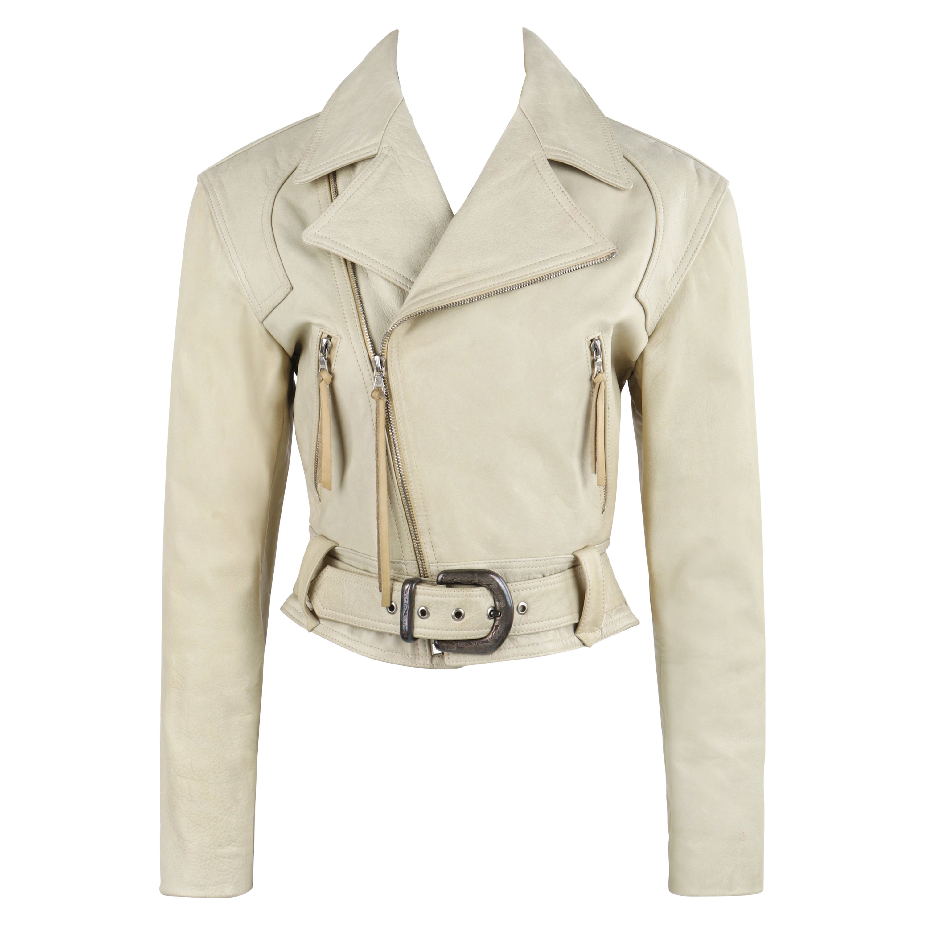 Michael Hoban for North Beach Leather 1992 Beige Giacca biker con cintura in pelle occidentale
