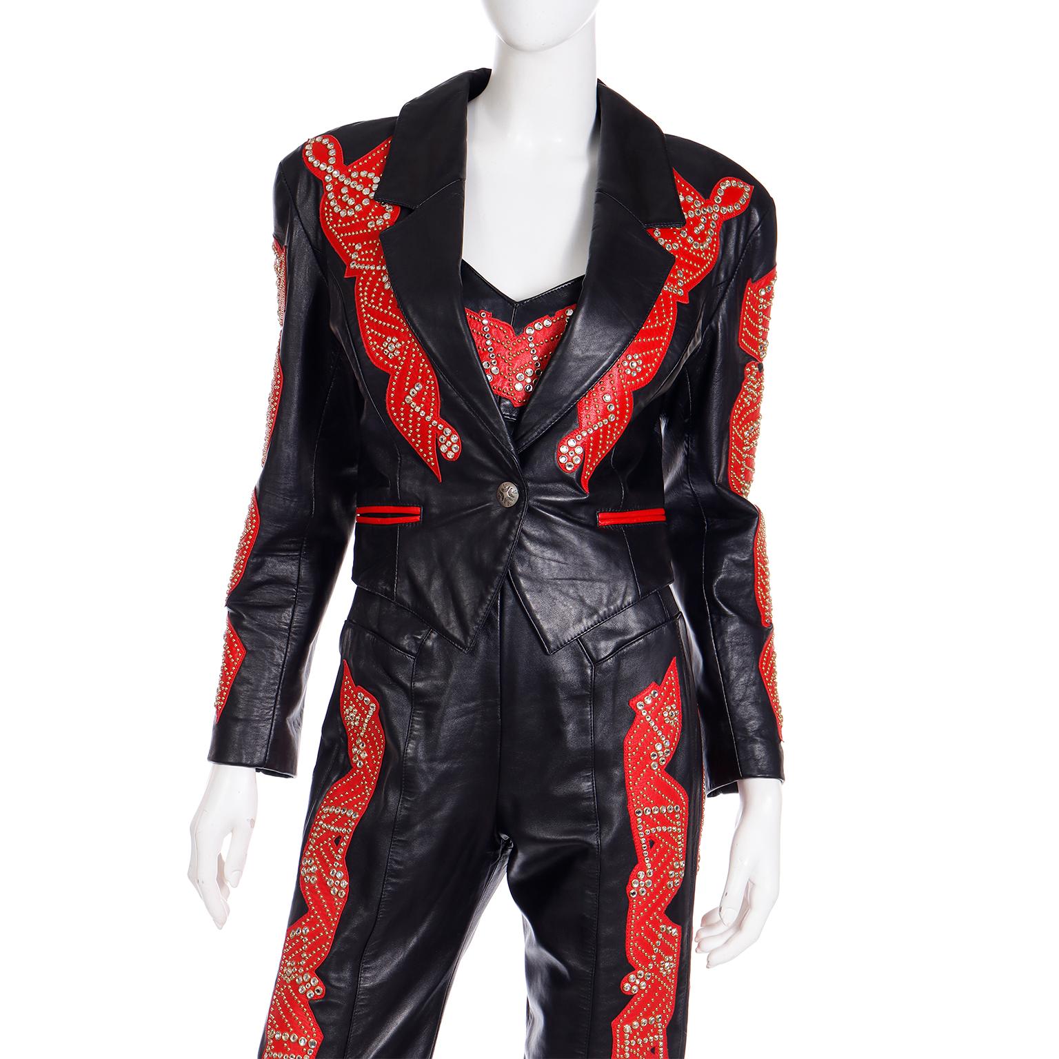 Michael Hoban North Beach Black & Red Leather Music Note Jacket Bustier & Pants  For Sale 8