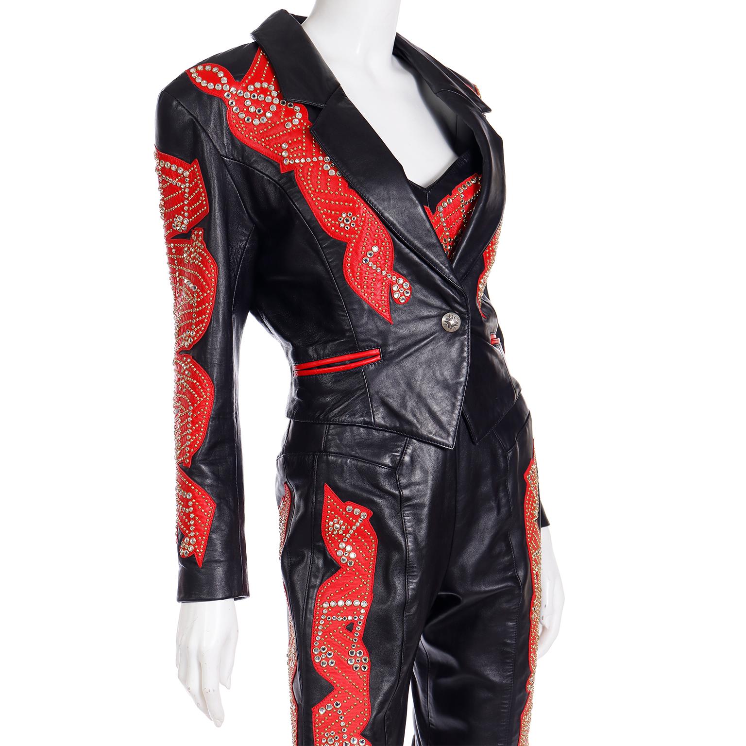 Michael Hoban North Beach Black & Red Leather Music Note Jacket Bustier & Pants  For Sale 10