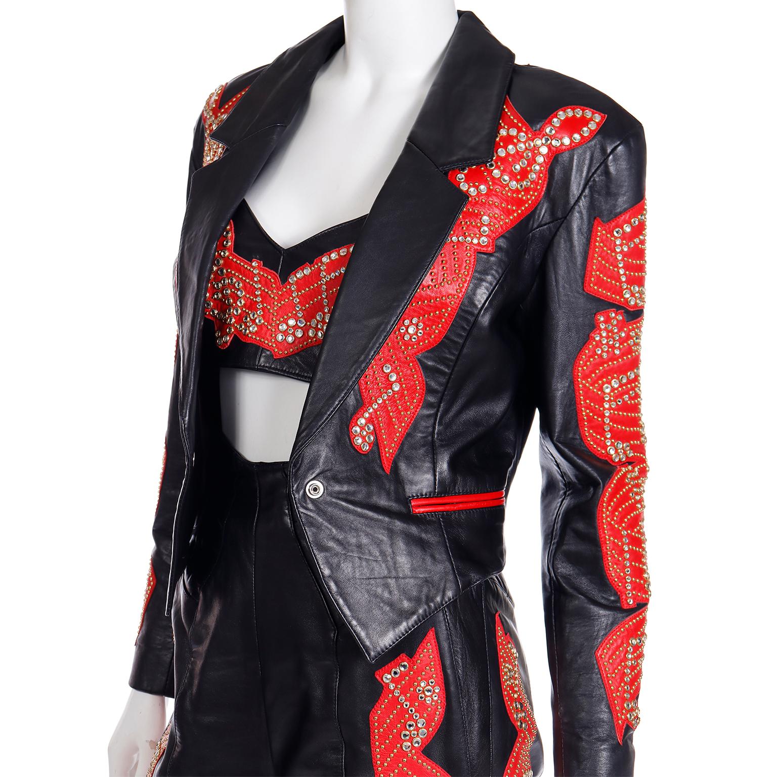 Michael Hoban North Beach Black & Red Leather Music Note Jacket Bustier & Pants  For Sale 11