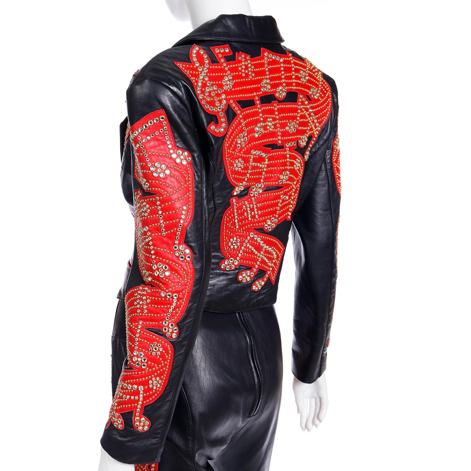 Michael Hoban North Beach Black & Red Leather Music Note Jacket Bustier & Pants  For Sale 12