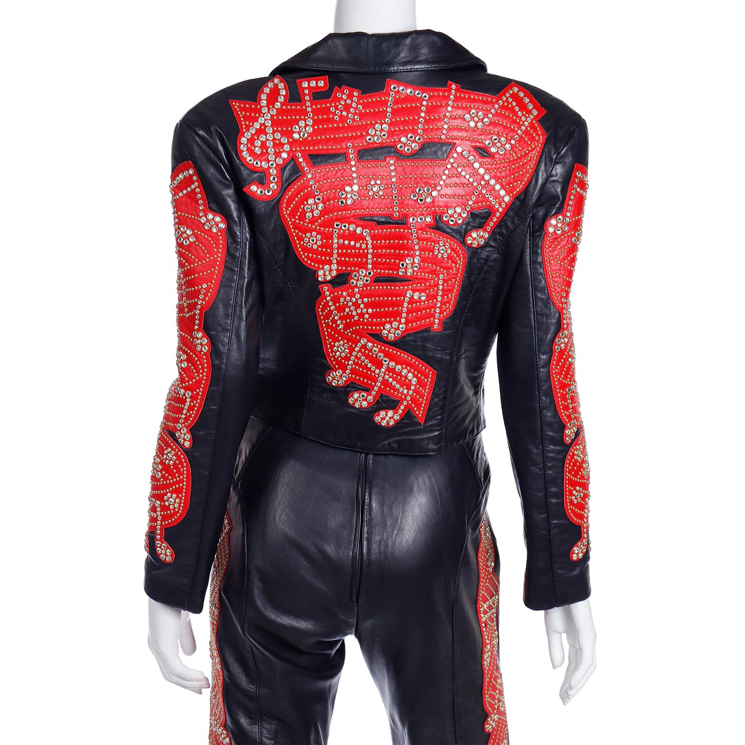 Michael Hoban North Beach Black & Red Leather Music Note Jacket Bustier & Pants  For Sale 15