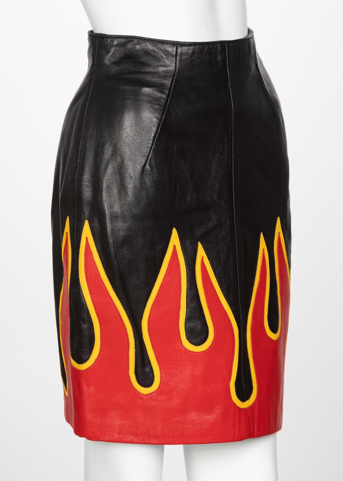 Michael Hoban North Beach Leather Black Red Flames Jacket Skirt Set, 1990s For Sale 5