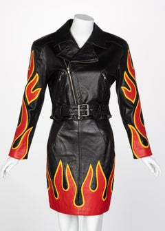 Michael Hoban North Beach Leather Black Red Flames Jacket Skirt Set, 1990s