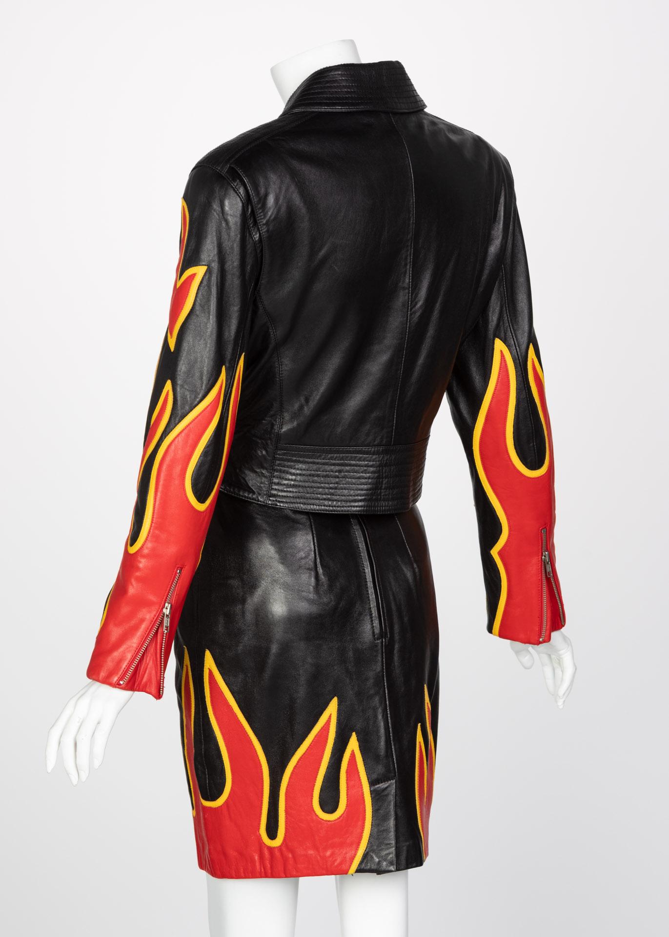 Michael Hoban North Beach Leather Black Red Flames Jacket Skirt Set, 1990s In Excellent Condition For Sale In Boca Raton, FL