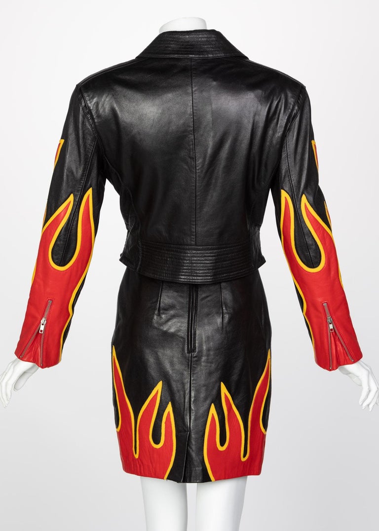 Michael Hoban North Beach Leather Black Red Flames Jacket Skirt Set ...