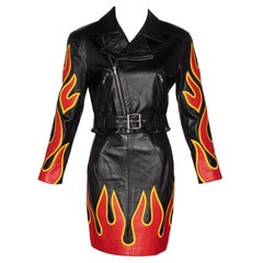 Michael Hoban North Beach Leather Black Red Flames Jacket Skirt Set, 1990s