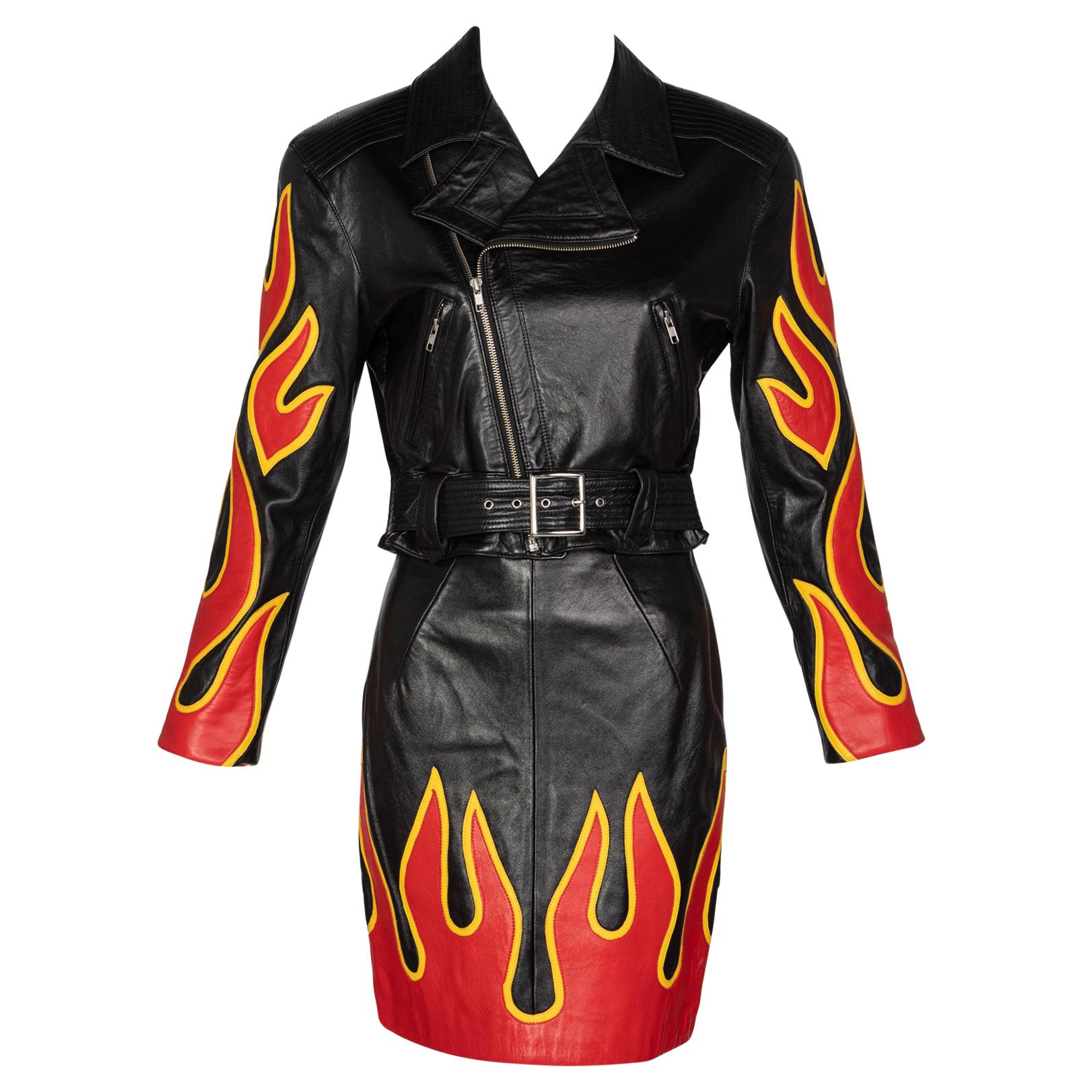 Michael Hoban North Beach Leather Black Red Flames Jacket Skirt Set, 1990s For Sale
