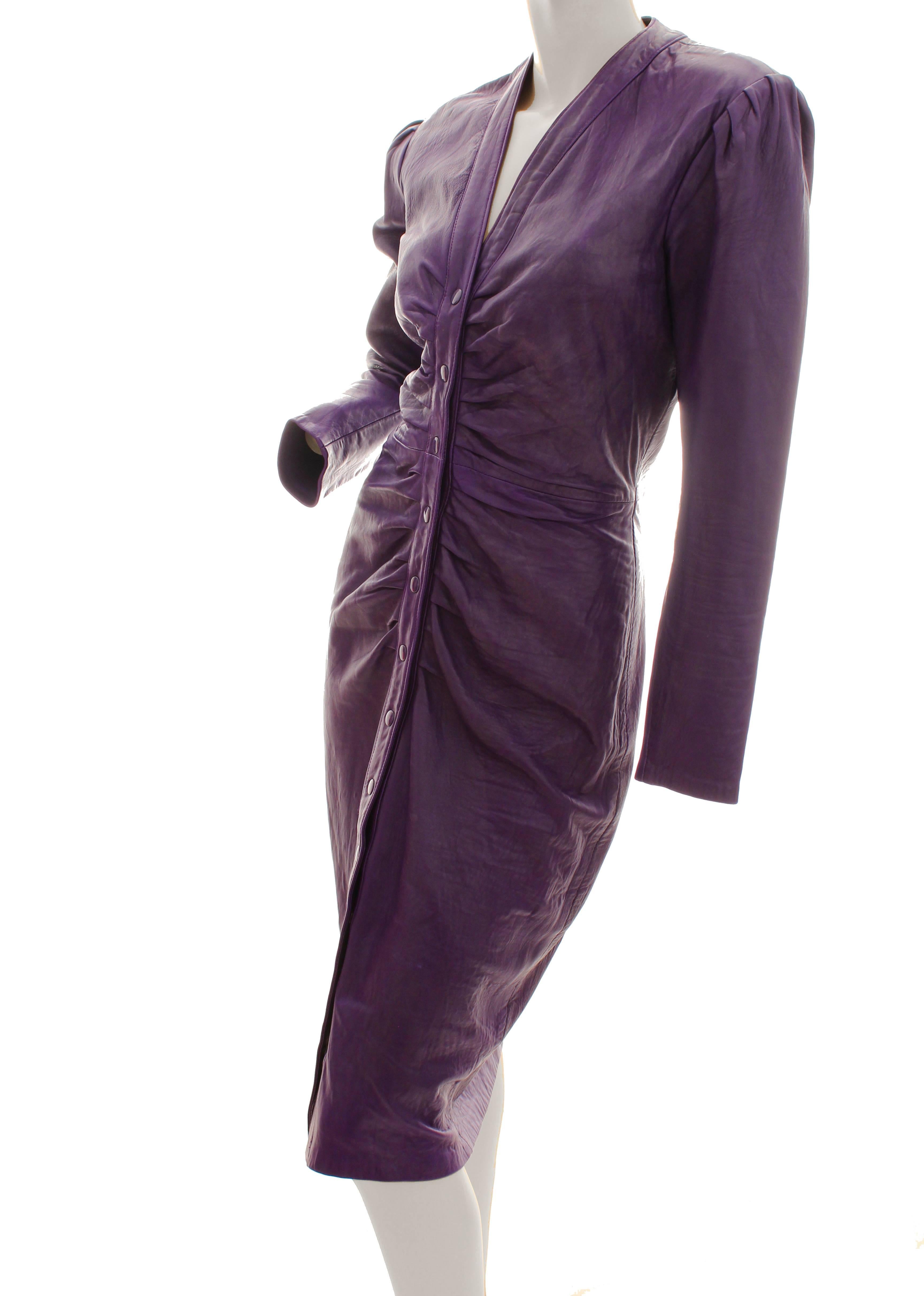 Black Michael Hoban North Beach Leather Dress Purple Fitted Long Sleeve Sz M 