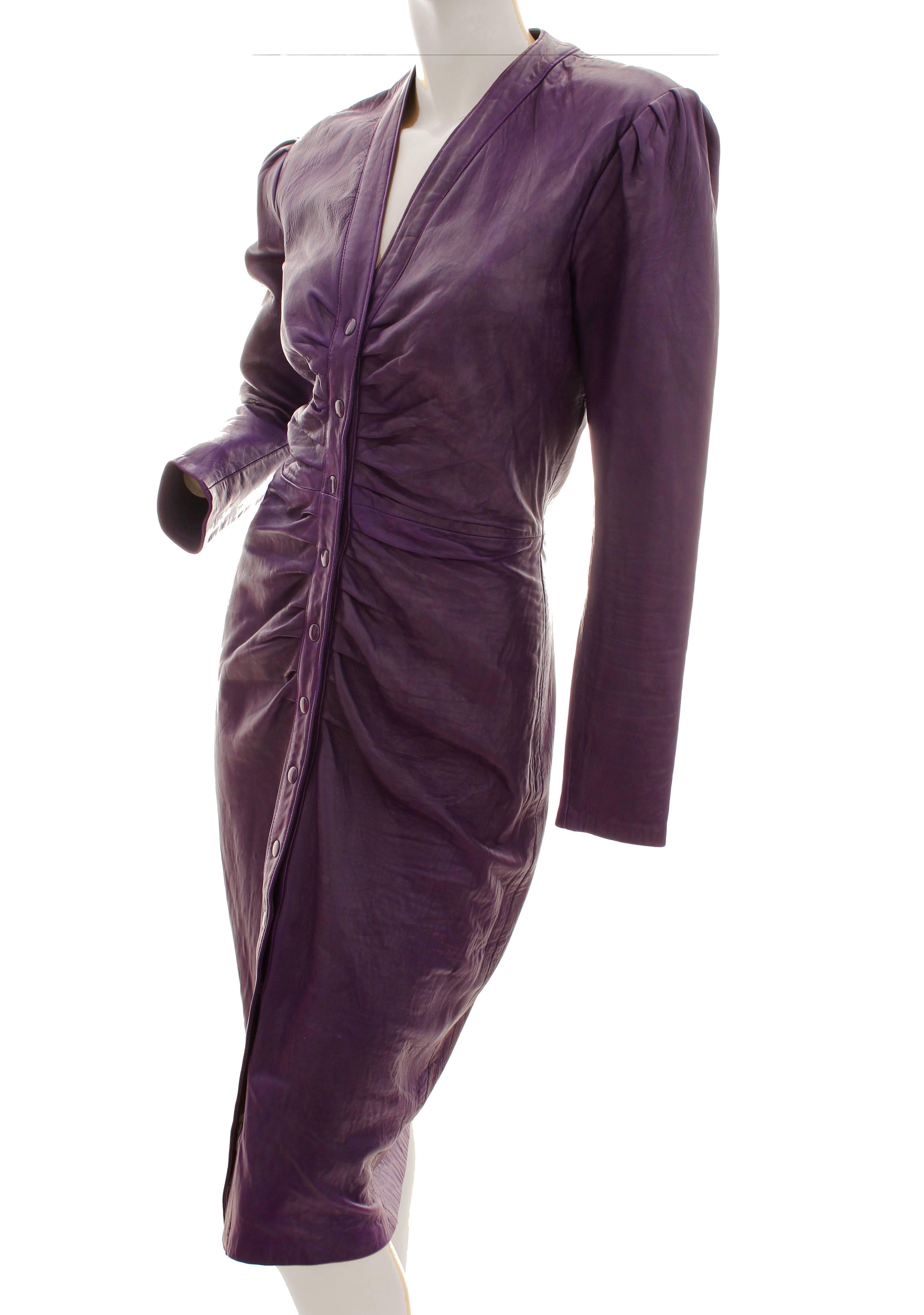 Michael Hoban North Beach Leather Dress Purple Fitted Long Sleeve Sz M  In Good Condition In Port Saint Lucie, FL