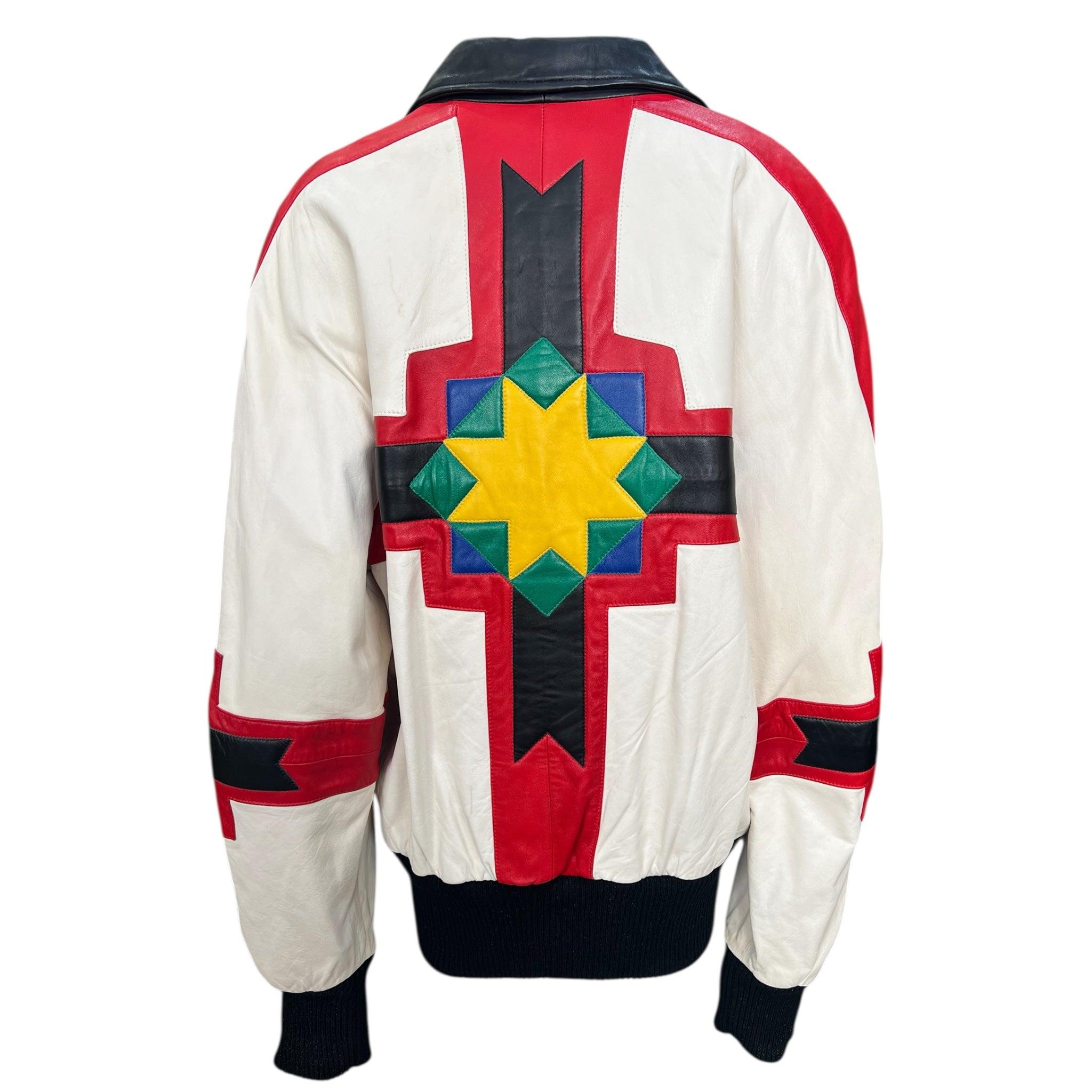 Michael Hoban for North Beach Leather early 90s leather multicolored leather patchwork jacket with Native American morning star motif. The leather patchwork design is borrowed from the Lakota tribe. This particular design is a rare and collectible