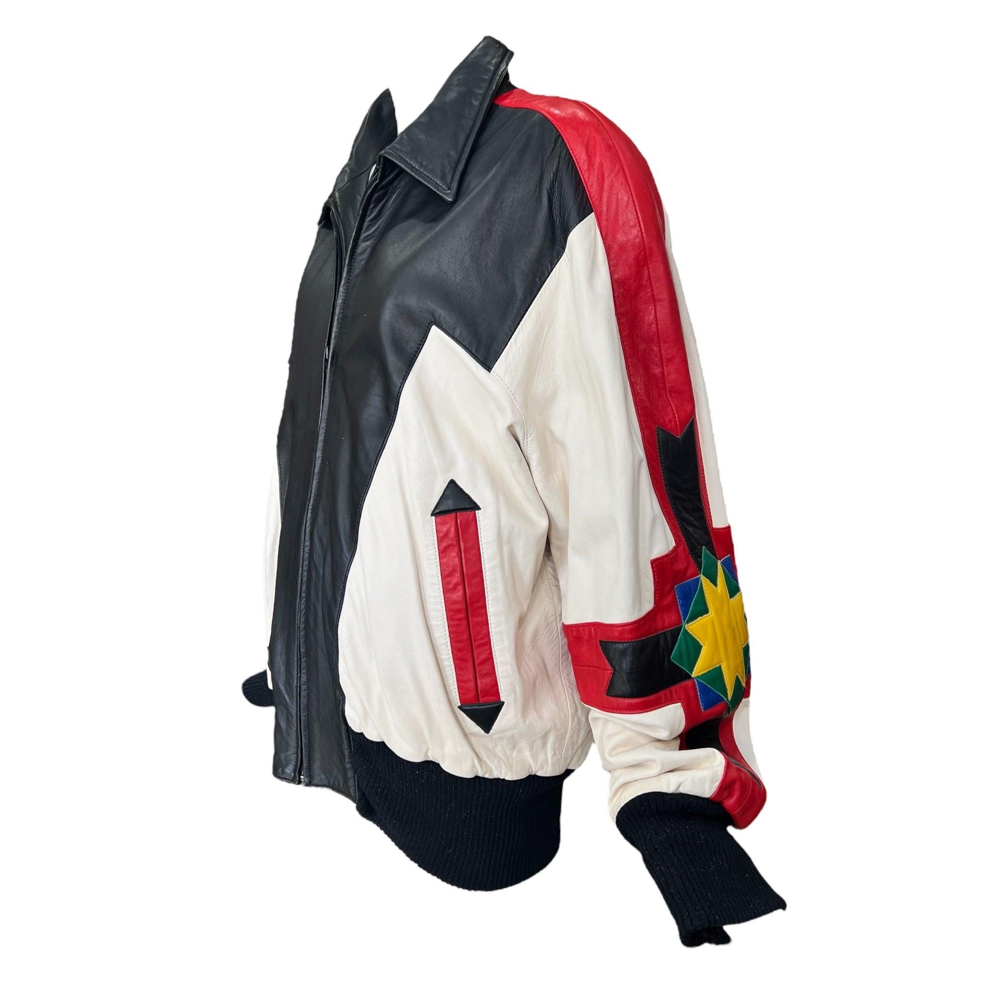 Black Michael Hoban North Beach Leather Jacket Patchwork Morning Star, 1990s For Sale