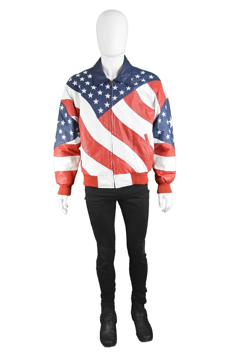 Michael Hoban Vintage 1980's Men's Stars & Stripes Embroidered Leather Jacket

Size: Marked M
Chest - 48” / 122cm (has a loose, slouchy fit around chest like most bomber jackets)
Waist - 36” / 91cm
Length (Shoulder to Hem) - 24” / 61cm
Shoulder to