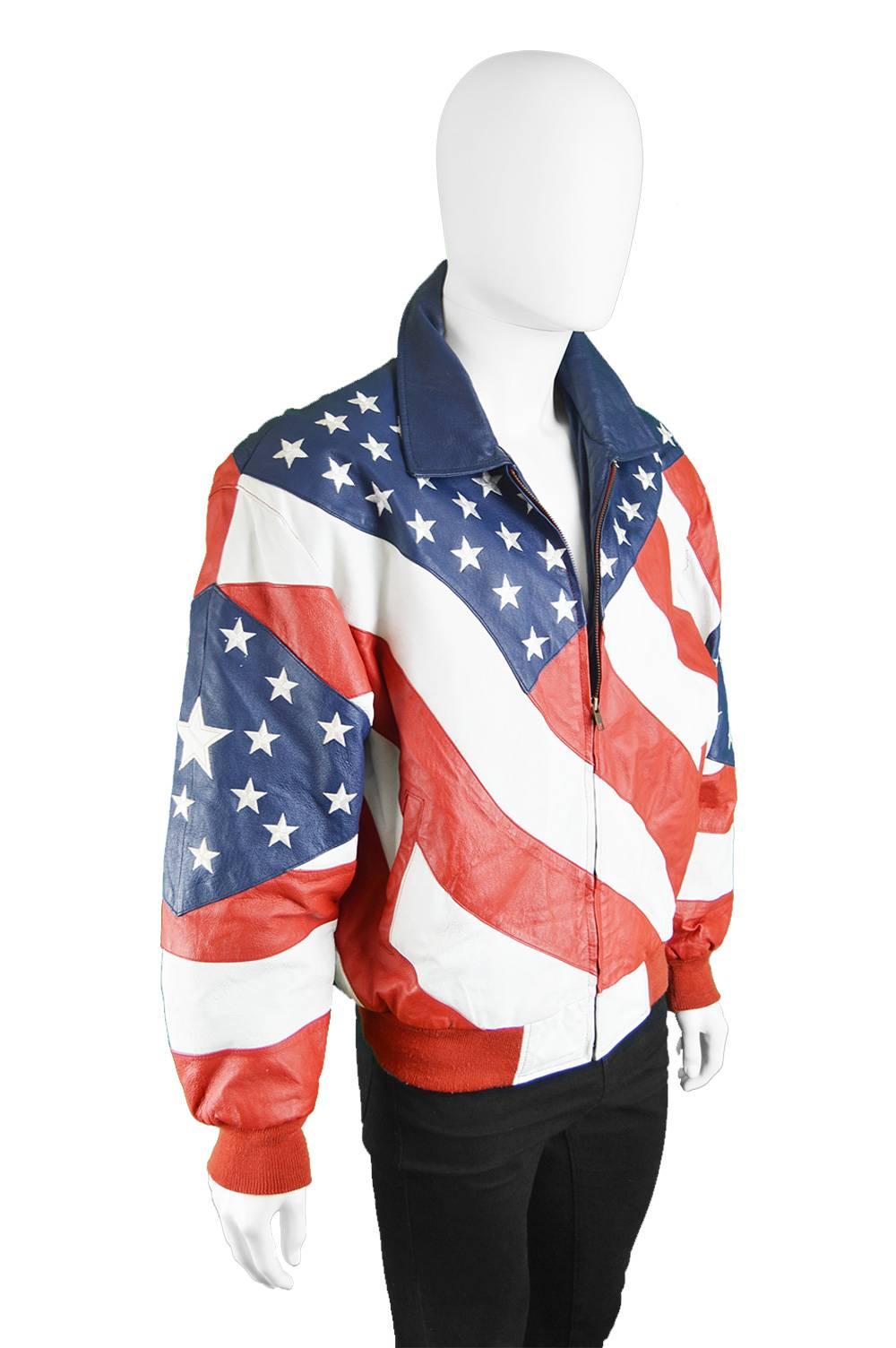 Beige Michael Hoban Vintage Men's Stars and Stripes Embroidered Leather Jacket, 1980s 