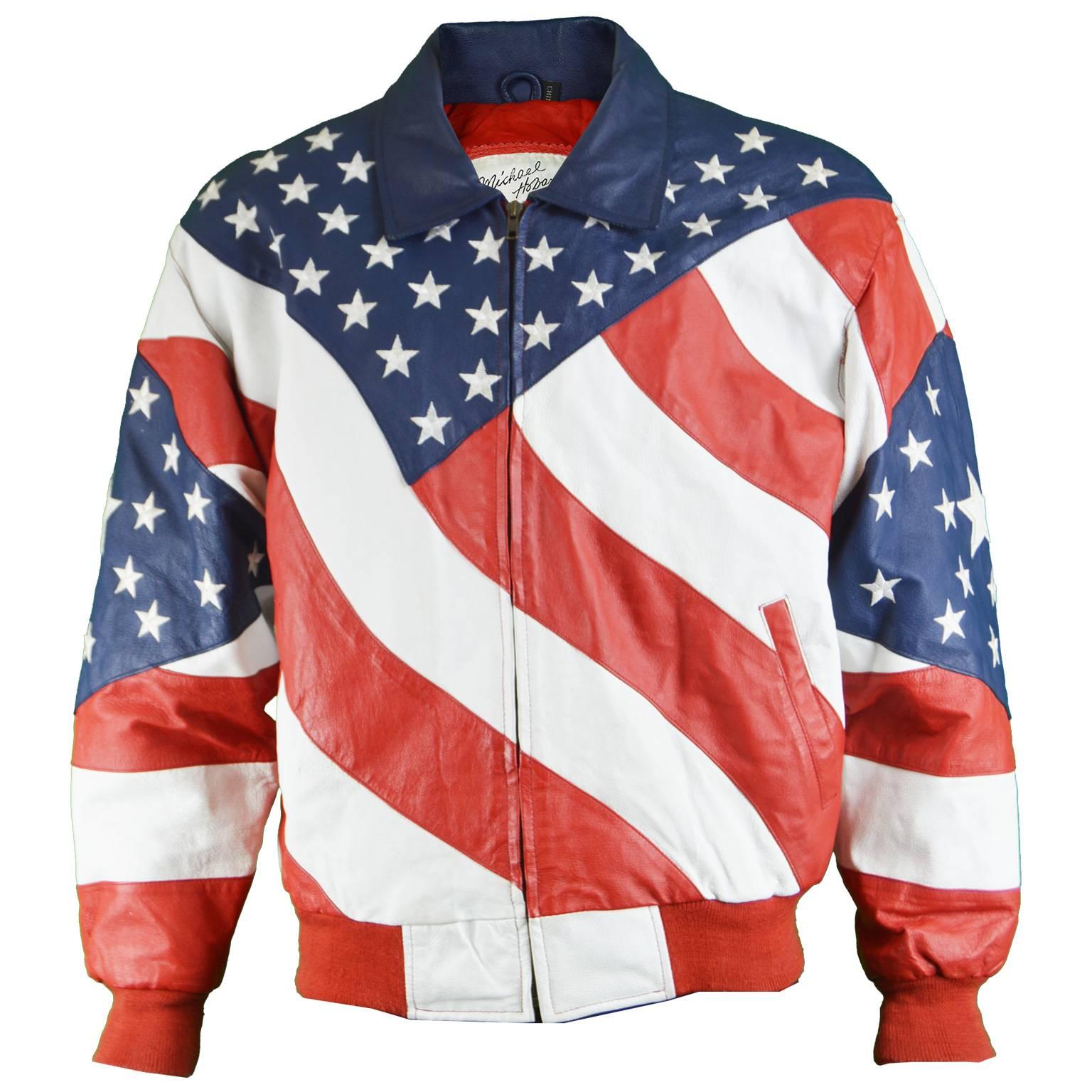 Michael Hoban Vintage Men's Stars and Stripes Embroidered Leather Jacket, 1980s  For Sale