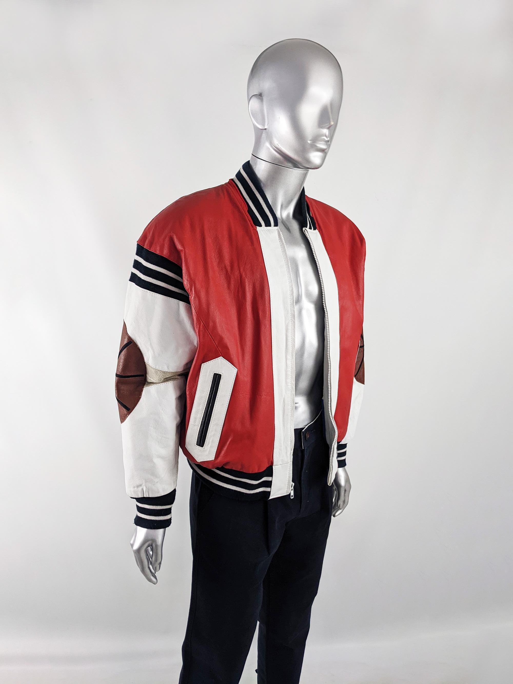 Beige Michael Hoban Vintage Mens 80s Red & White Leather Bomber Jacket, 1980s For Sale
